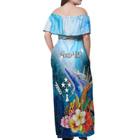 Personalised Kosrae Constitution Day Off Shoulder Maxi Dress Humpback Whale Tropical Flowers LT05 - Polynesian Pride