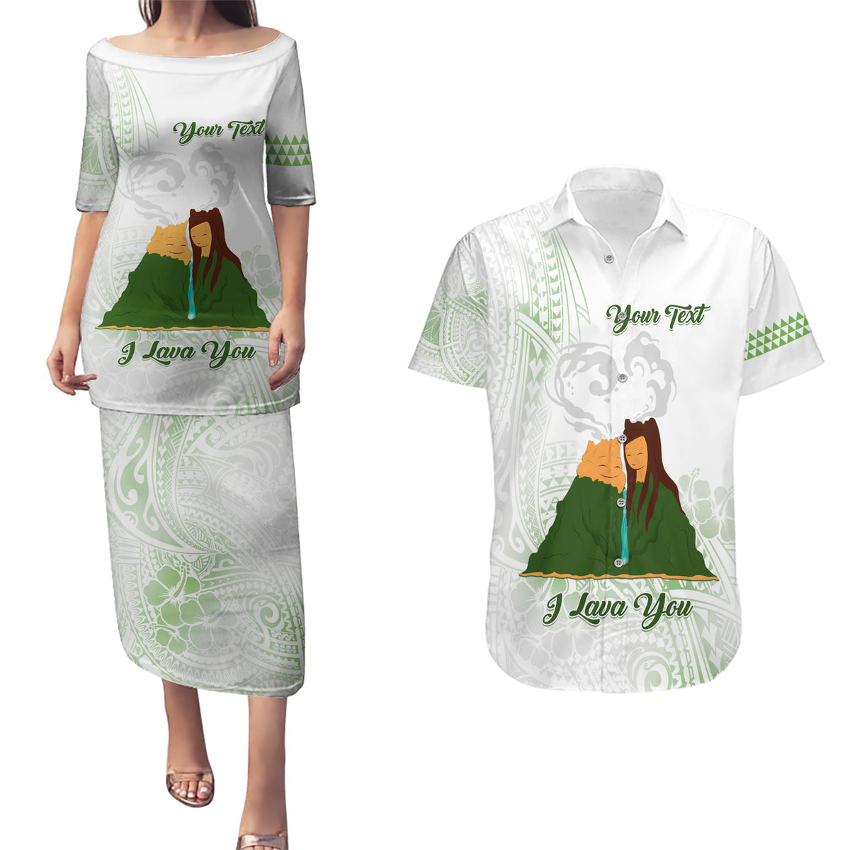Personalised I LAVA YOU Volcano Valentine Couples Matching Puletasi and Hawaiian Shirt Polynesian Tribal Pattern LT05 White - Polynesian Pride