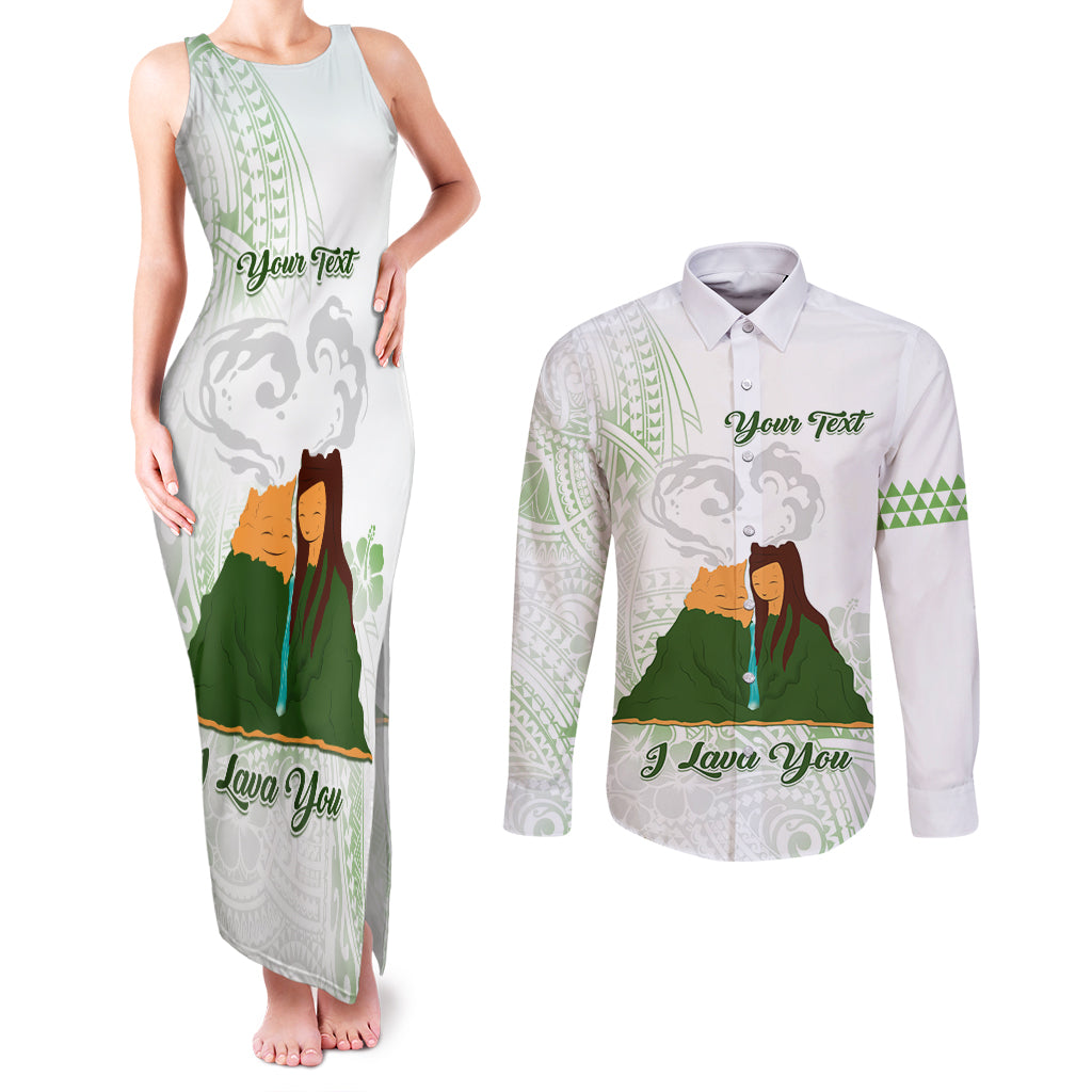 Personalised I LAVA YOU Volcano Valentine Couples Matching Tank Maxi Dress and Long Sleeve Button Shirt Polynesian Tribal Pattern LT05 White - Polynesian Pride