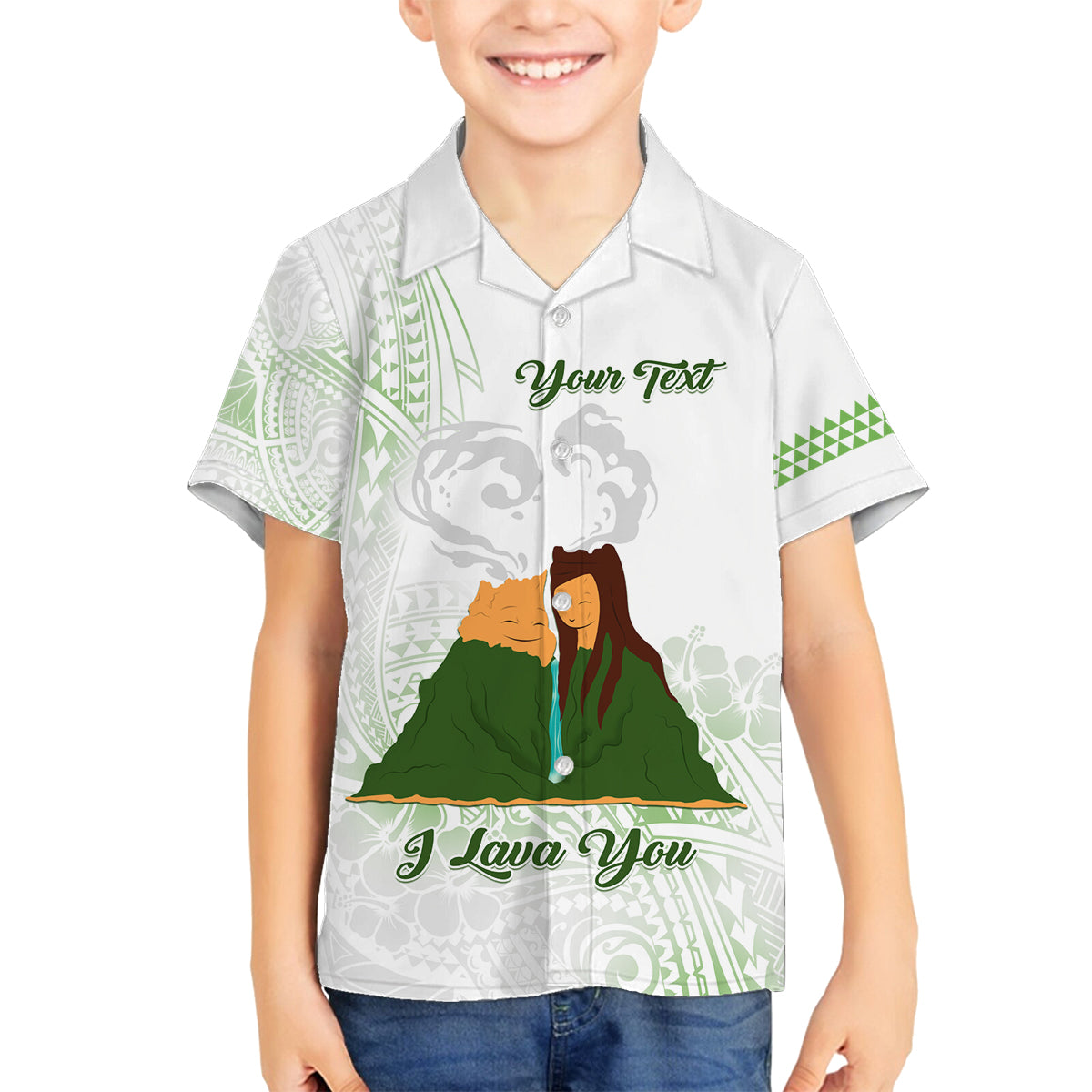 Personalised I LAVA YOU Volcano Valentine Family Matching Long Sleeve Bodycon Dress and Hawaiian Shirt Polynesian Tribal Pattern LT05 Son's Shirt White - Polynesian Pride