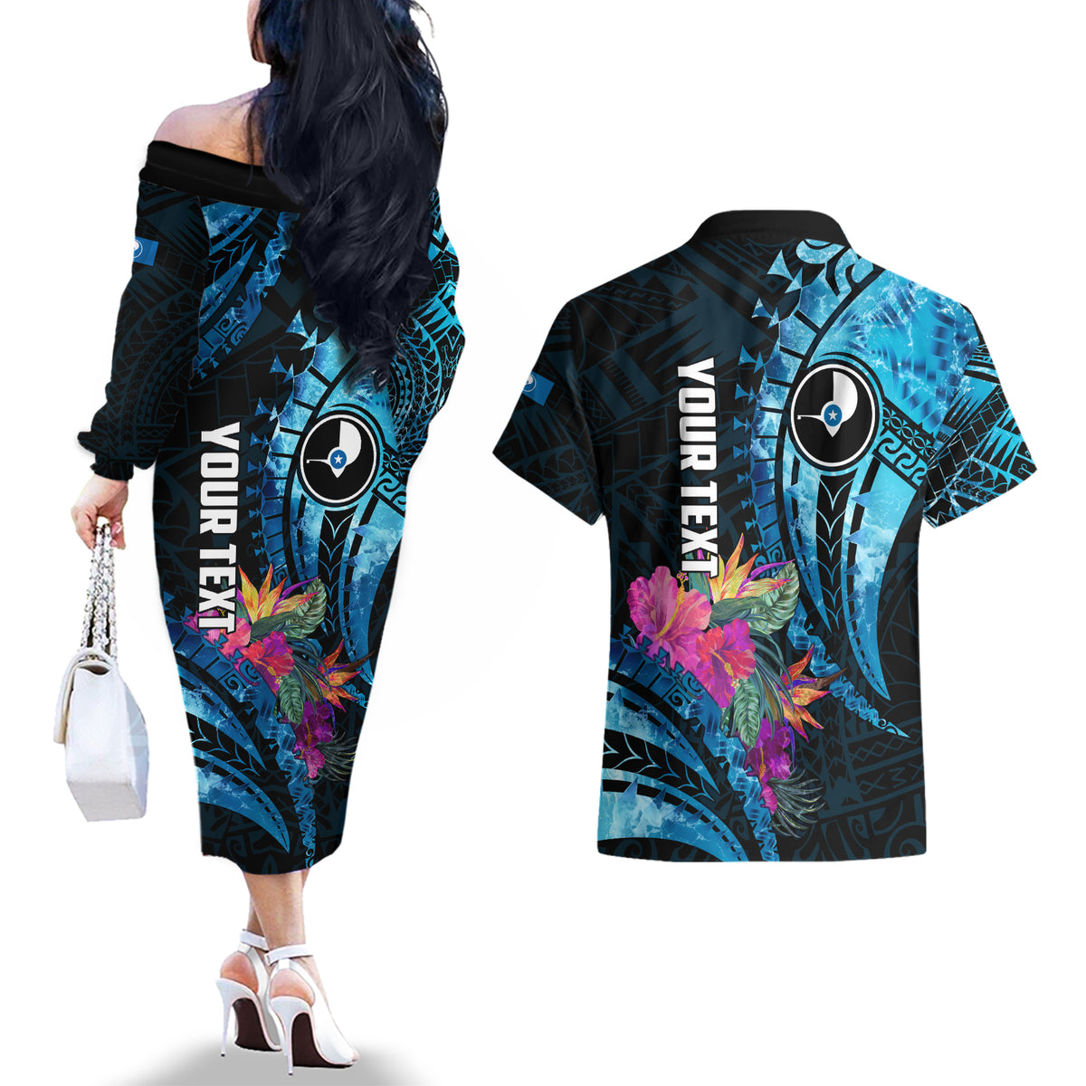 Personalised FSM Yap State Day Couples Matching Off The Shoulder Long Sleeve Dress and Hawaiian Shirt Tropical Flowers Tribal Pattern LT05 - Polynesian Pride