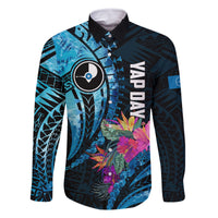 Personalised FSM Yap State Day Family Matching Long Sleeve Bodycon Dress and Hawaiian Shirt Tropical Flowers Tribal Pattern LT05 Dad's Shirt - Long Sleeve Blue - Polynesian Pride