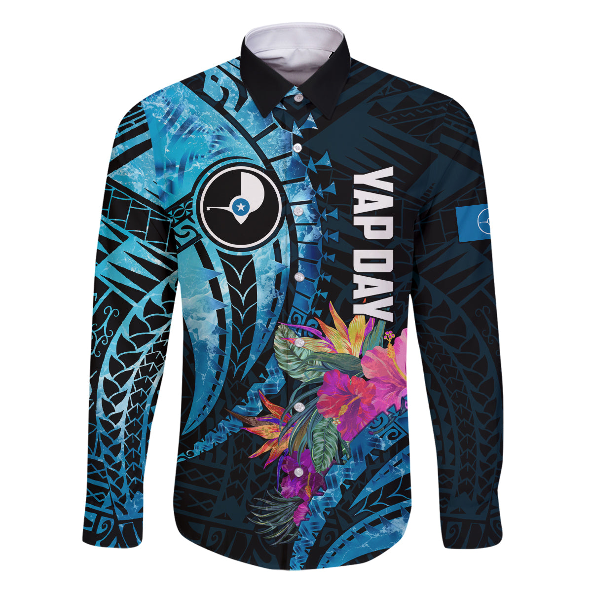 Personalised FSM Yap State Day Family Matching Off Shoulder Long Sleeve Dress and Hawaiian Shirt Tropical Flowers Tribal Pattern LT05 Dad's Shirt - Long Sleeve Blue - Polynesian Pride
