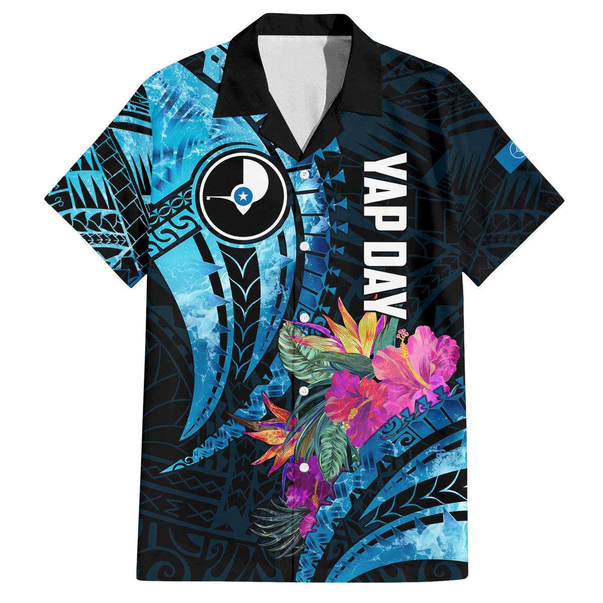 Personalised FSM Yap State Day Family Matching Off Shoulder Maxi Dress and Hawaiian Shirt Tropical Flowers Tribal Pattern LT05 Dad's Shirt - Short Sleeve Blue - Polynesian Pride