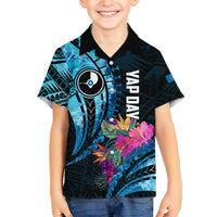 Personalised FSM Yap State Day Family Matching Off Shoulder Short Dress and Hawaiian Shirt Tropical Flowers Tribal Pattern LT05 Son's Shirt Blue - Polynesian Pride