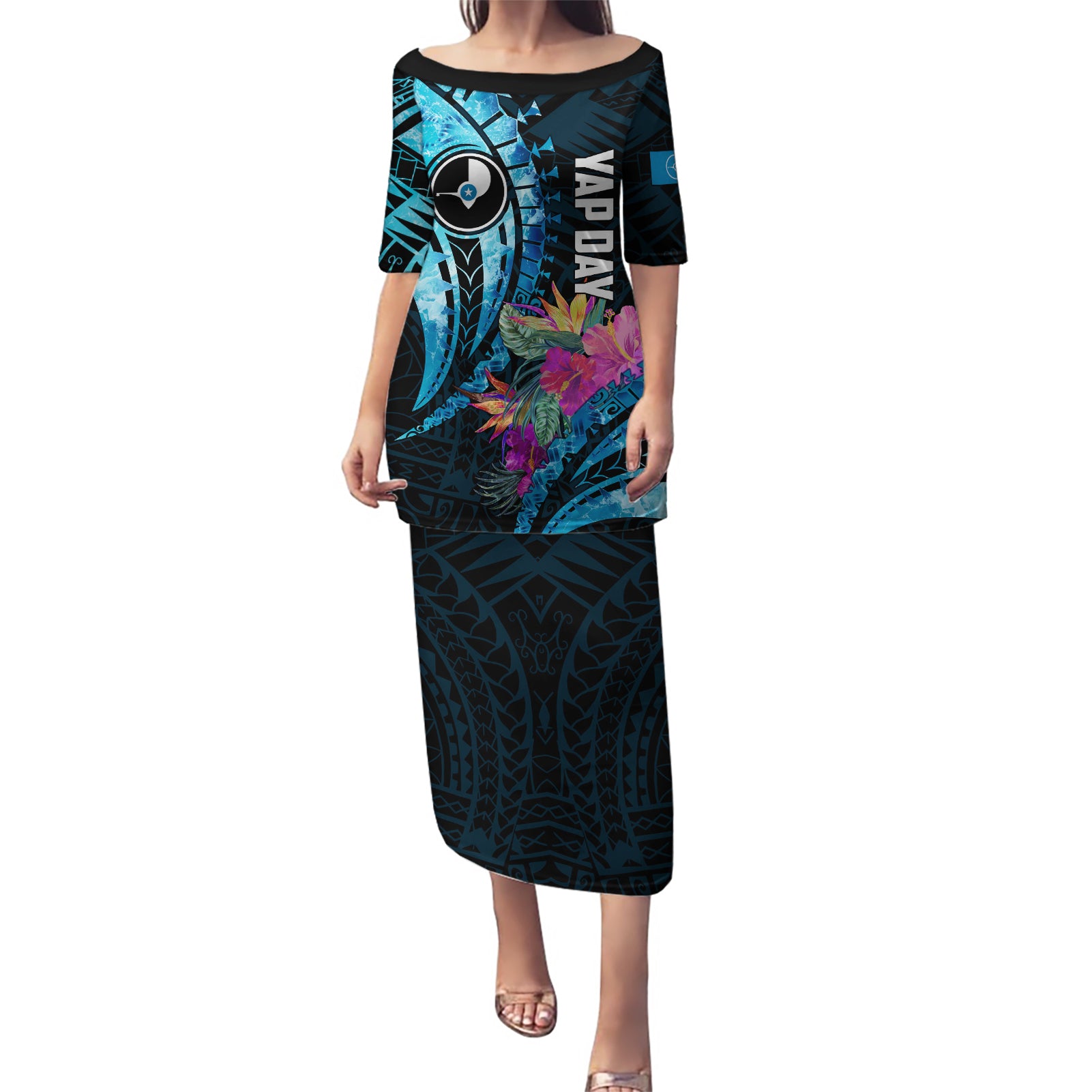 Personalised FSM Yap State Day Puletasi Tropical Flowers Tribal Pattern LT05 Long Dress Blue - Polynesian Pride