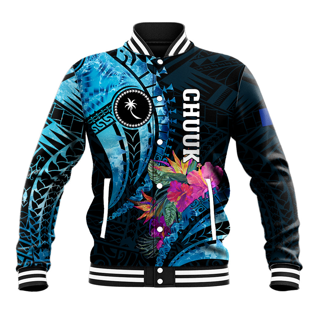 Personalised FSM Chuuk State Baseball Jacket Tropical Flowers Tribal Pattern LT05 Unisex Blue - Polynesian Pride