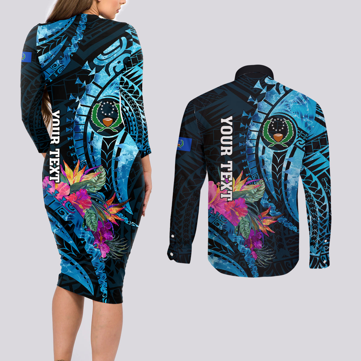 Personalised FSM Pohnpei State Couples Matching Long Sleeve Bodycon Dress and Long Sleeve Button Shirt Tropical Flowers Tribal Pattern LT05 - Polynesian Pride