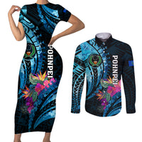 Personalised FSM Pohnpei State Couples Matching Short Sleeve Bodycon Dress and Long Sleeve Button Shirt Tropical Flowers Tribal Pattern LT05 Blue - Polynesian Pride