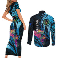 Personalised FSM Pohnpei State Couples Matching Short Sleeve Bodycon Dress and Long Sleeve Button Shirt Tropical Flowers Tribal Pattern LT05 - Polynesian Pride
