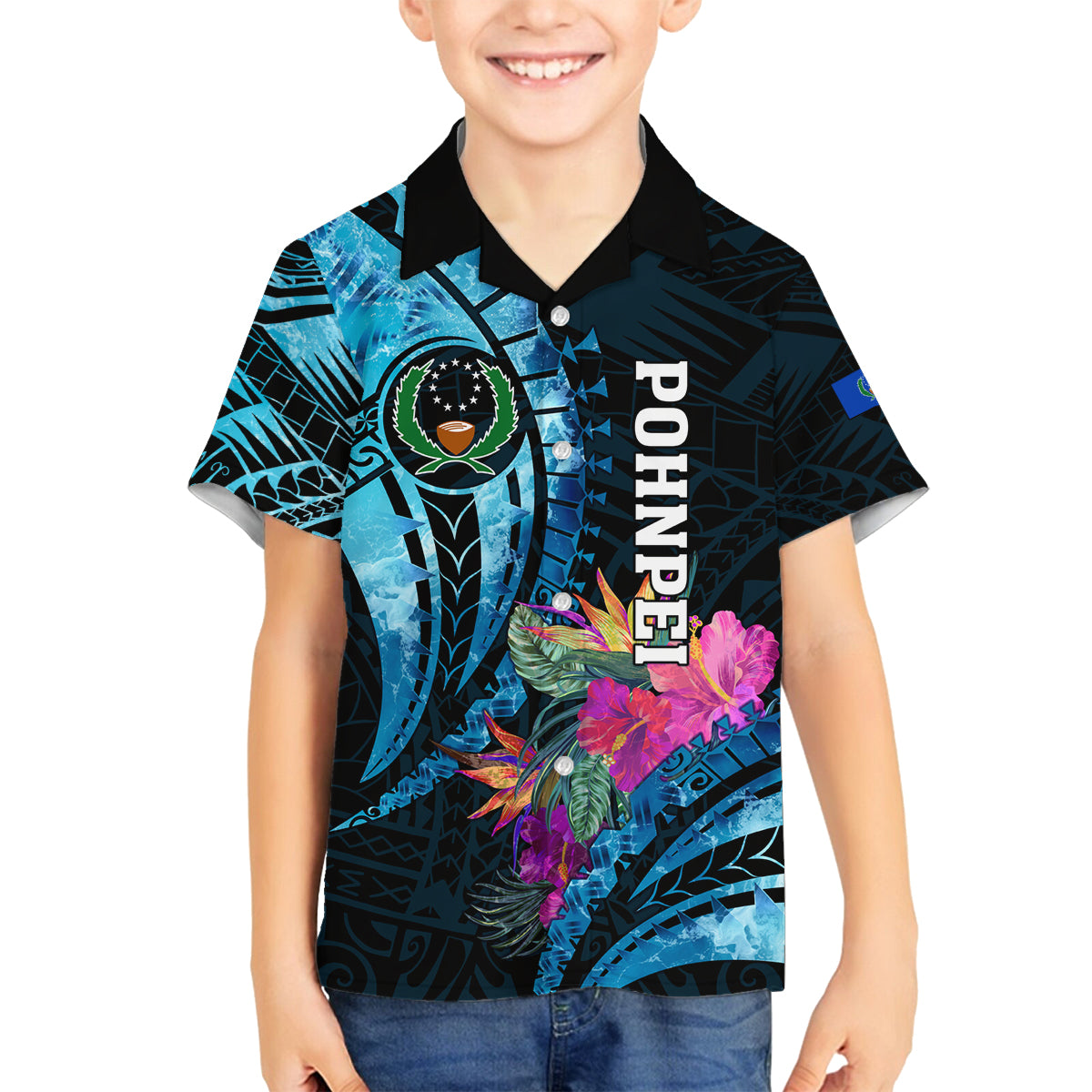 Personalised FSM Pohnpei State Family Matching Off Shoulder Short Dress and Hawaiian Shirt Tropical Flowers Tribal Pattern LT05 Son's Shirt Blue - Polynesian Pride