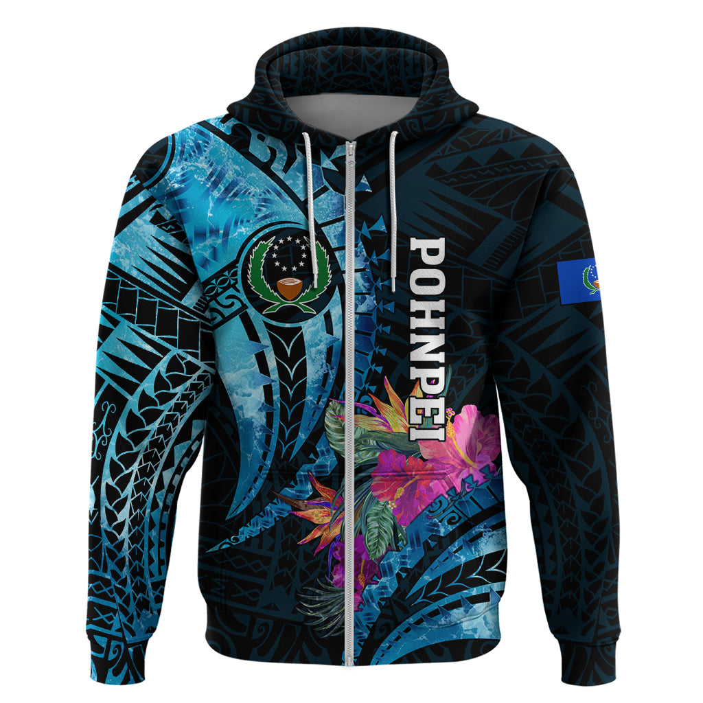 Personalised FSM Pohnpei State Hoodie Tropical Flowers Tribal Pattern LT05 Zip Hoodie Blue - Polynesian Pride