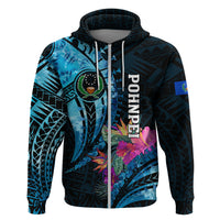 Personalised FSM Pohnpei State Hoodie Tropical Flowers Tribal Pattern LT05 Zip Hoodie Blue - Polynesian Pride