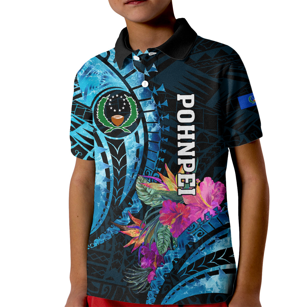 Personalised FSM Pohnpei State Kid Polo Shirt Tropical Flowers Tribal Pattern LT05 Kid Blue - Polynesian Pride