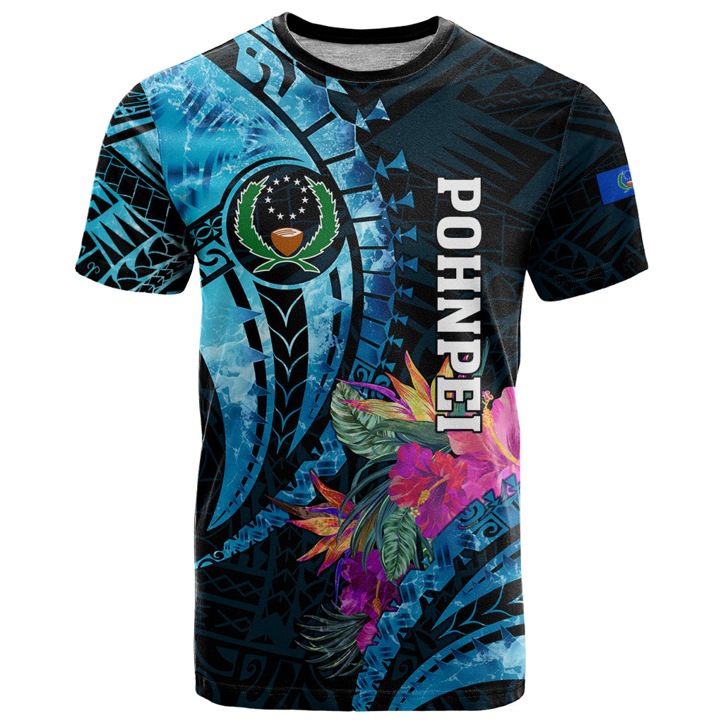 Personalised FSM Pohnpei State T Shirt Tropical Flowers Tribal Pattern LT05 Blue - Polynesian Pride