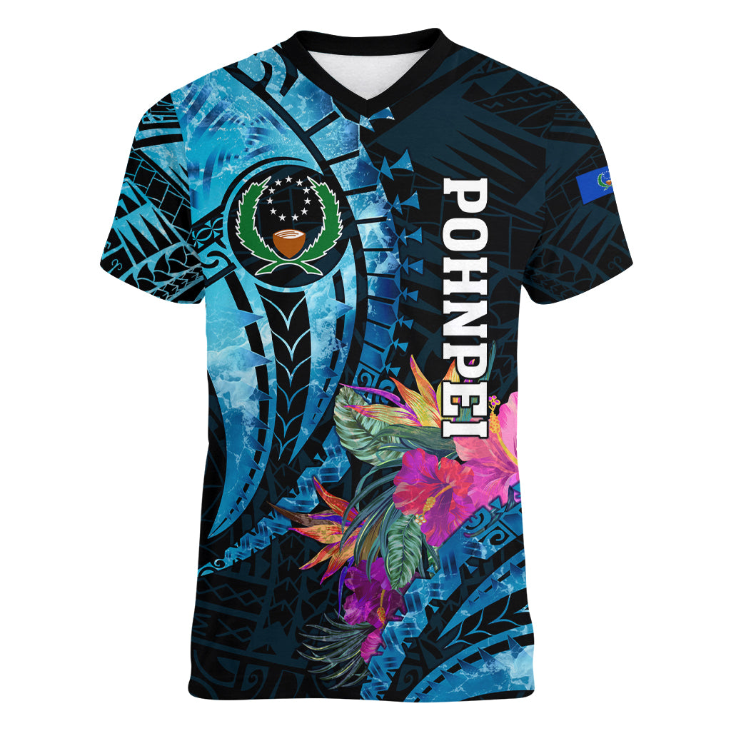 Personalised FSM Pohnpei State Women V Neck T Shirt Tropical Flowers Tribal Pattern LT05 Female Blue - Polynesian Pride