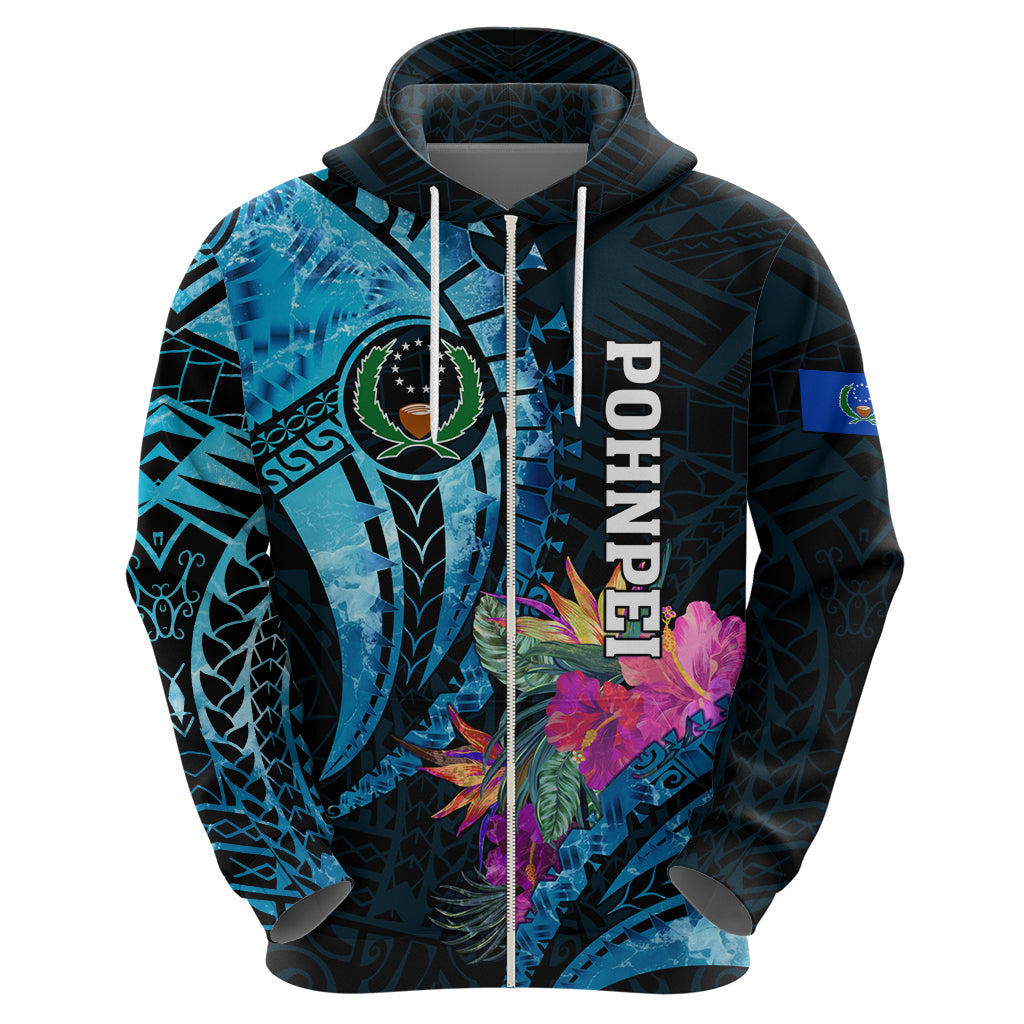 Personalised FSM Pohnpei State Zip Hoodie Tropical Flowers Tribal Pattern LT05 - Polynesian Pride