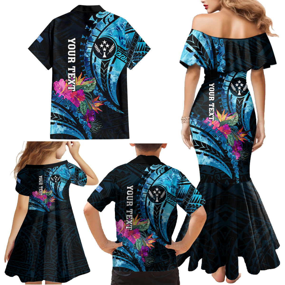 Personalised FSM Kosrae State Family Matching Mermaid Dress and Hawaiian Shirt Tropical Flowers Tribal Pattern LT05 - Polynesian Pride