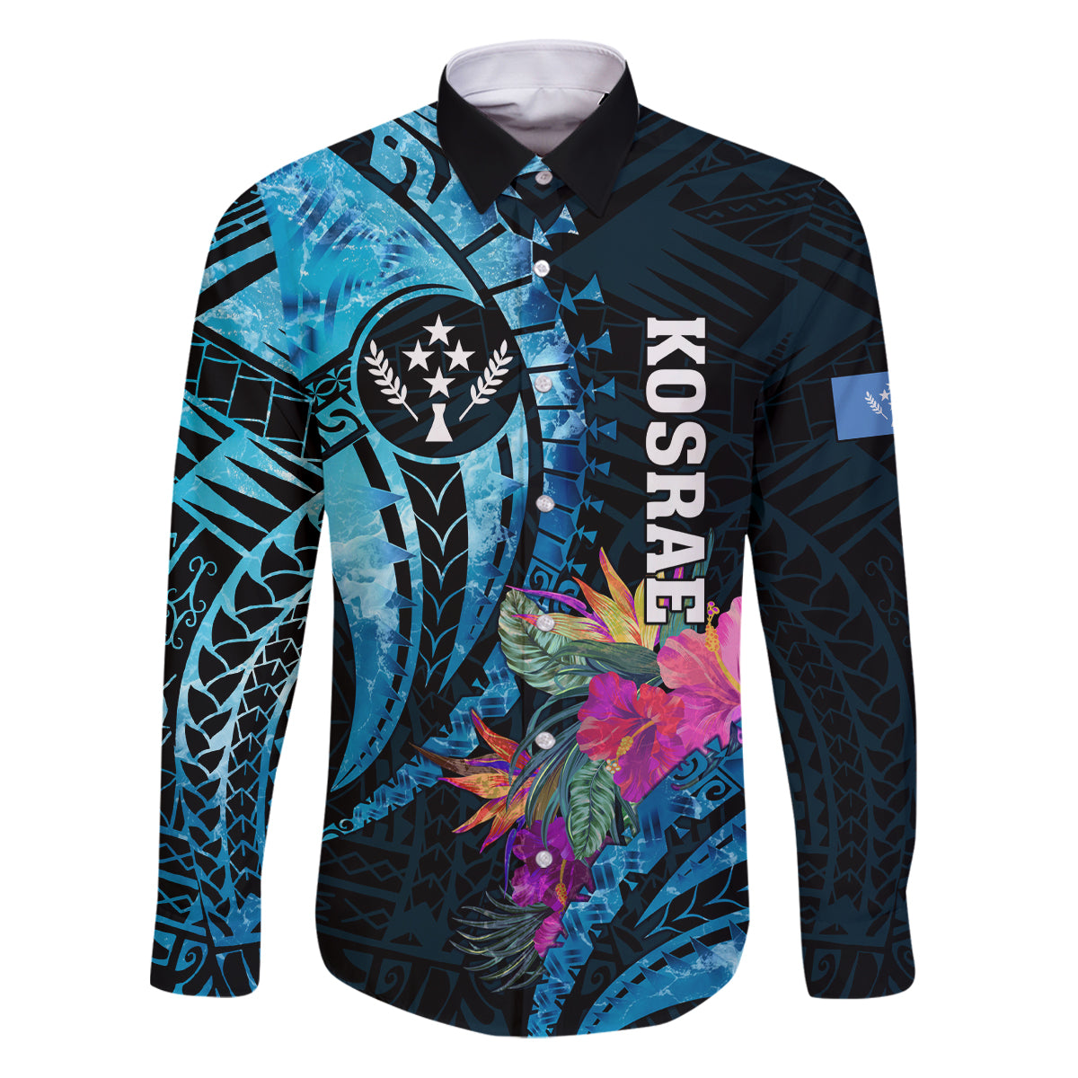 Personalised FSM Kosrae State Family Matching Puletasi and Hawaiian Shirt Tropical Flowers Tribal Pattern LT05 Dad's Shirt - Long Sleeve Blue - Polynesian Pride