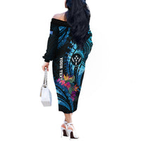 Personalised FSM Kosrae State Off The Shoulder Long Sleeve Dress Tropical Flowers Tribal Pattern LT05 - Polynesian Pride