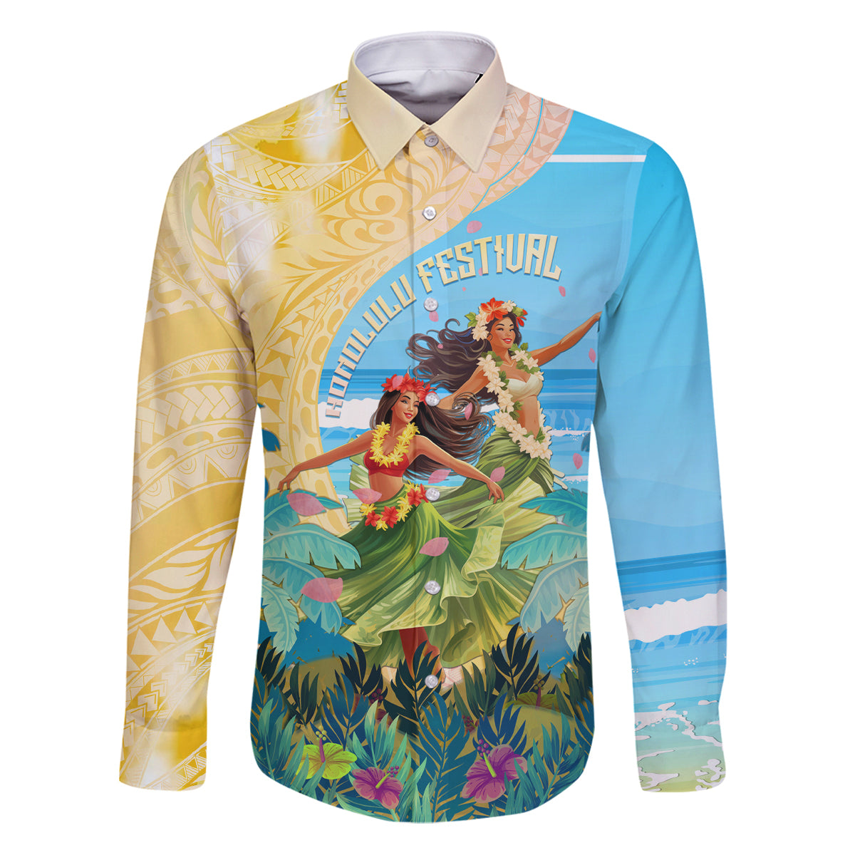 Personalised Hawaii Honolulu Festival Family Matching Puletasi and Hawaiian Shirt Hula Girls Tropical Vibe LT05 Dad's Shirt - Long Sleeve Blue - Polynesian Pride
