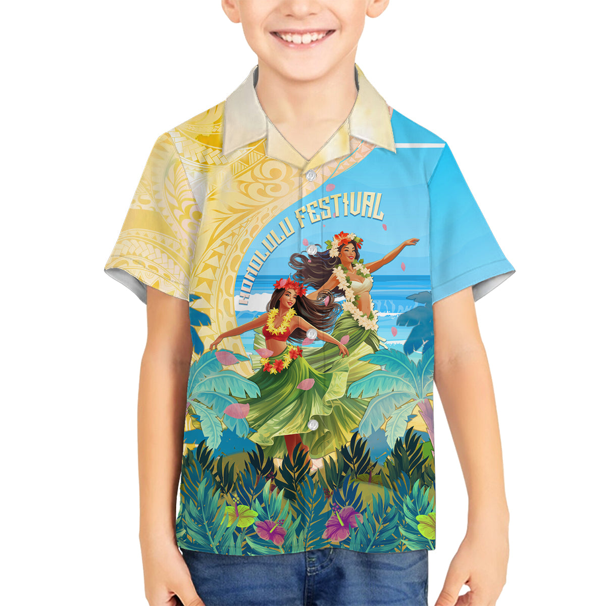 Personalised Hawaii Honolulu Festival Family Matching Tank Maxi Dress and Hawaiian Shirt Hula Girls Tropical Vibe LT05 Son's Shirt Blue - Polynesian Pride