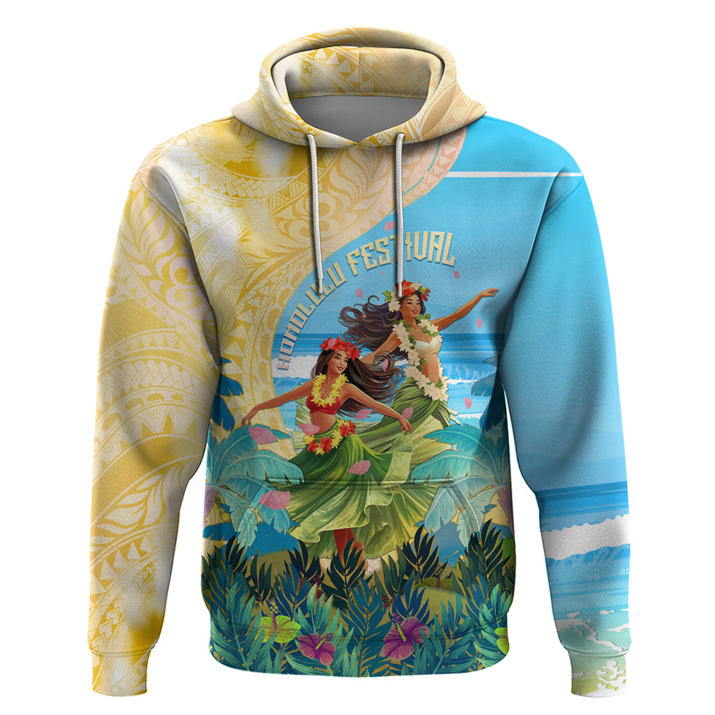 Personalised Hawaii Honolulu Festival Zip Hoodie Hula Girls Tropical Vibe LT05 Pullover Hoodie Blue - Polynesian Pride