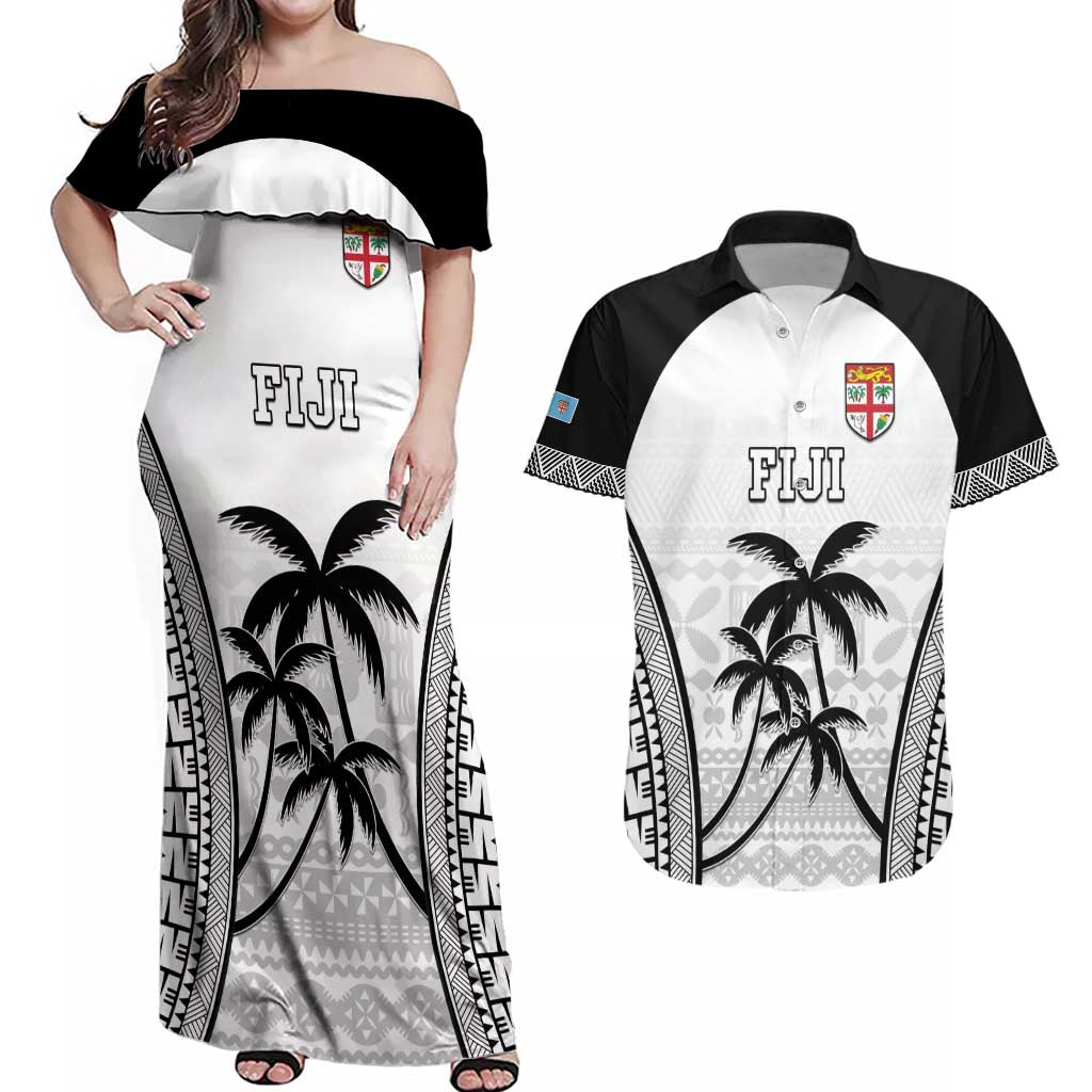 Custom Fiji Tapa Football Couples Matching Off Shoulder Maxi Dress and Hawaiian Shirt Sporty Style LT05 White - Polynesian Pride