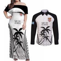 Custom Fiji Tapa Football Couples Matching Off Shoulder Maxi Dress and Long Sleeve Button Shirt Sporty Style LT05 White - Polynesian Pride