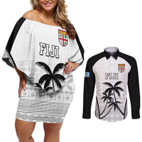 Custom Fiji Tapa Football Couples Matching Off Shoulder Short Dress and Long Sleeve Button Shirt Sporty Style LT05 White - Polynesian Pride