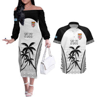 Custom Fiji Tapa Football Couples Matching Off The Shoulder Long Sleeve Dress and Hawaiian Shirt Sporty Style LT05 White - Polynesian Pride