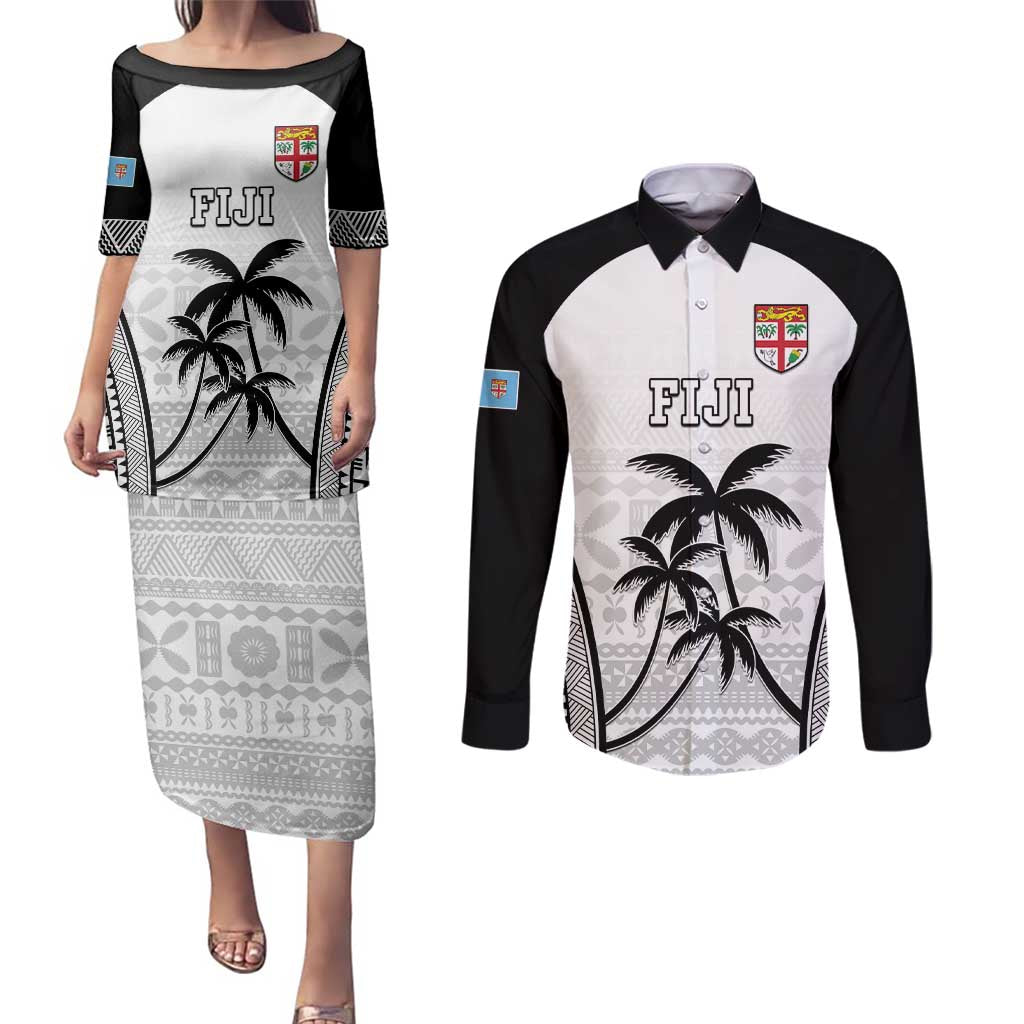 Custom Fiji Tapa Football Couples Matching Puletasi and Long Sleeve Button Shirt Sporty Style LT05 White - Polynesian Pride