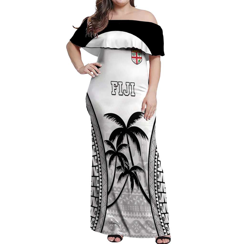 Custom Fiji Tapa Football Off Shoulder Maxi Dress Sporty Style LT05 Women White - Polynesian Pride