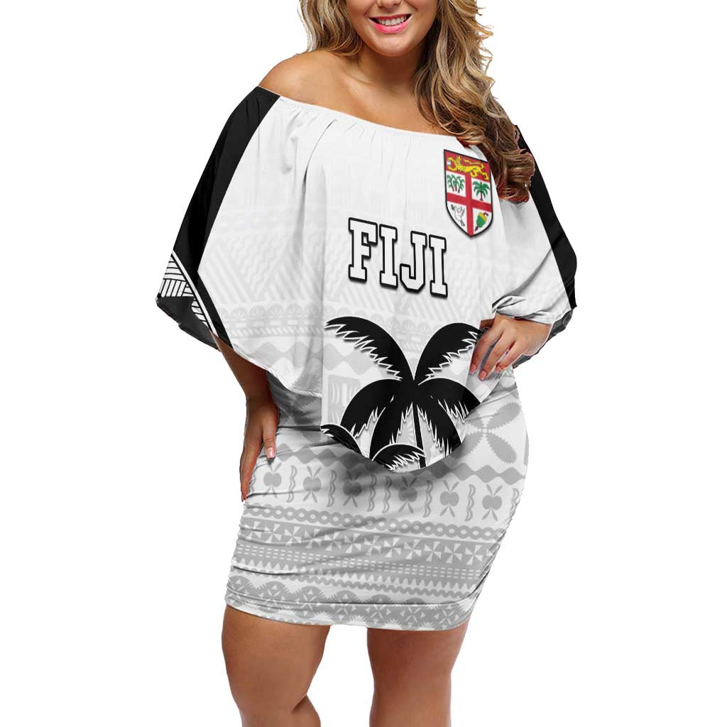 Custom Fiji Tapa Football Off Shoulder Short Dress Sporty Style LT05 Women White - Polynesian Pride