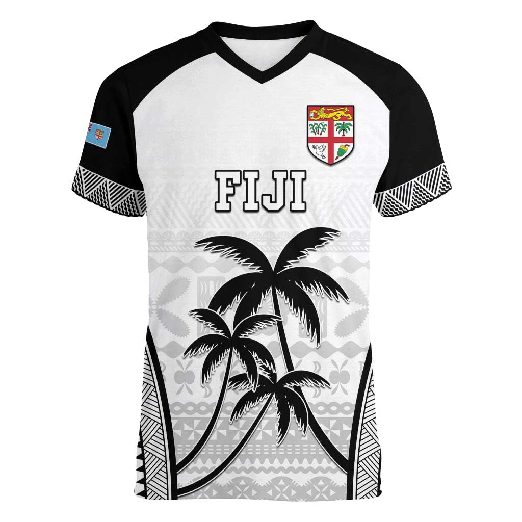 Custom Fiji Tapa Football Women V-Neck T-Shirt Sporty Style LT05 Female White - Polynesian Pride