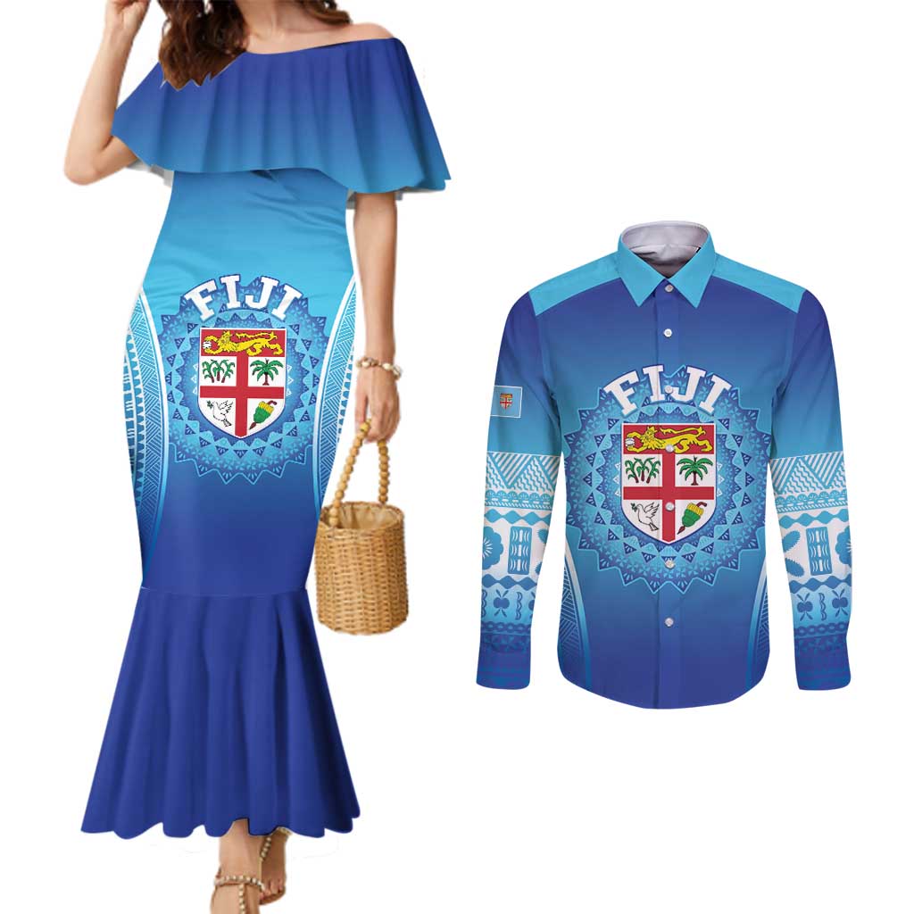 Custom Fiji Football Couples Matching Mermaid Dress and Long Sleeve Button Shirt Fijian Tapa Pattern LT05 Blue - Polynesian Pride