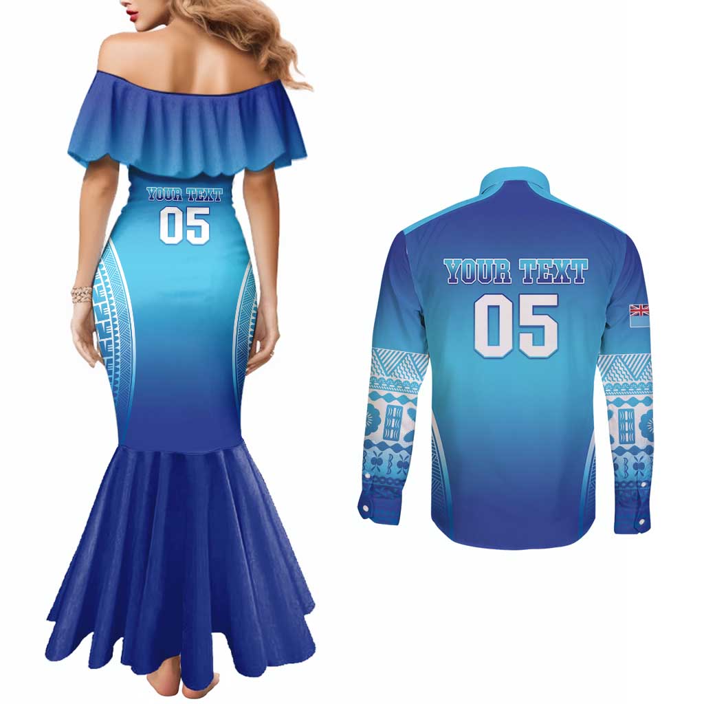 Custom Fiji Football Couples Matching Mermaid Dress and Long Sleeve Button Shirt Fijian Tapa Pattern LT05 - Polynesian Pride