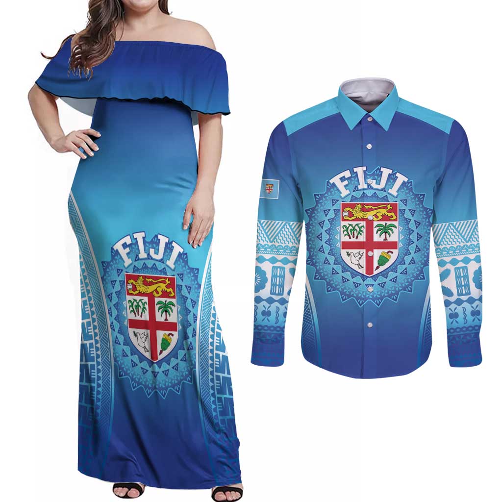 Custom Fiji Football Couples Matching Off Shoulder Maxi Dress and Long Sleeve Button Shirt Fijian Tapa Pattern LT05 Blue - Polynesian Pride