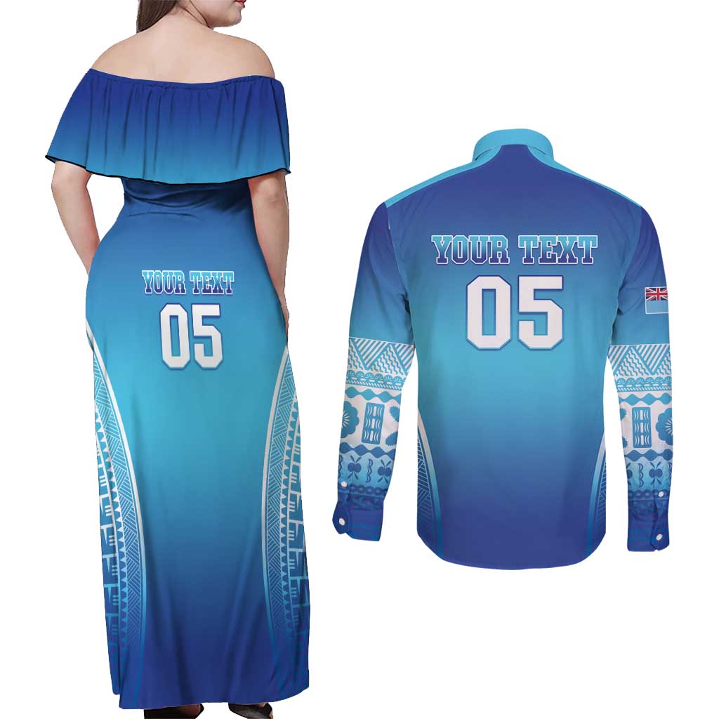 Custom Fiji Football Couples Matching Off Shoulder Maxi Dress and Long Sleeve Button Shirt Fijian Tapa Pattern LT05 - Polynesian Pride