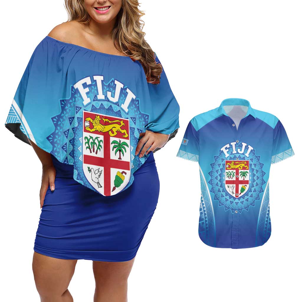 Custom Fiji Football Couples Matching Off Shoulder Short Dress and Hawaiian Shirt Fijian Tapa Pattern LT05 Blue - Polynesian Pride