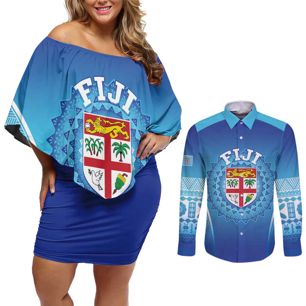 Custom Fiji Football Couples Matching Off Shoulder Short Dress and Long Sleeve Button Shirt Fijian Tapa Pattern LT05 Blue - Polynesian Pride