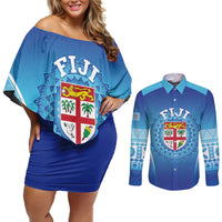 Custom Fiji Football Couples Matching Off Shoulder Short Dress and Long Sleeve Button Shirt Fijian Tapa Pattern LT05 Blue - Polynesian Pride