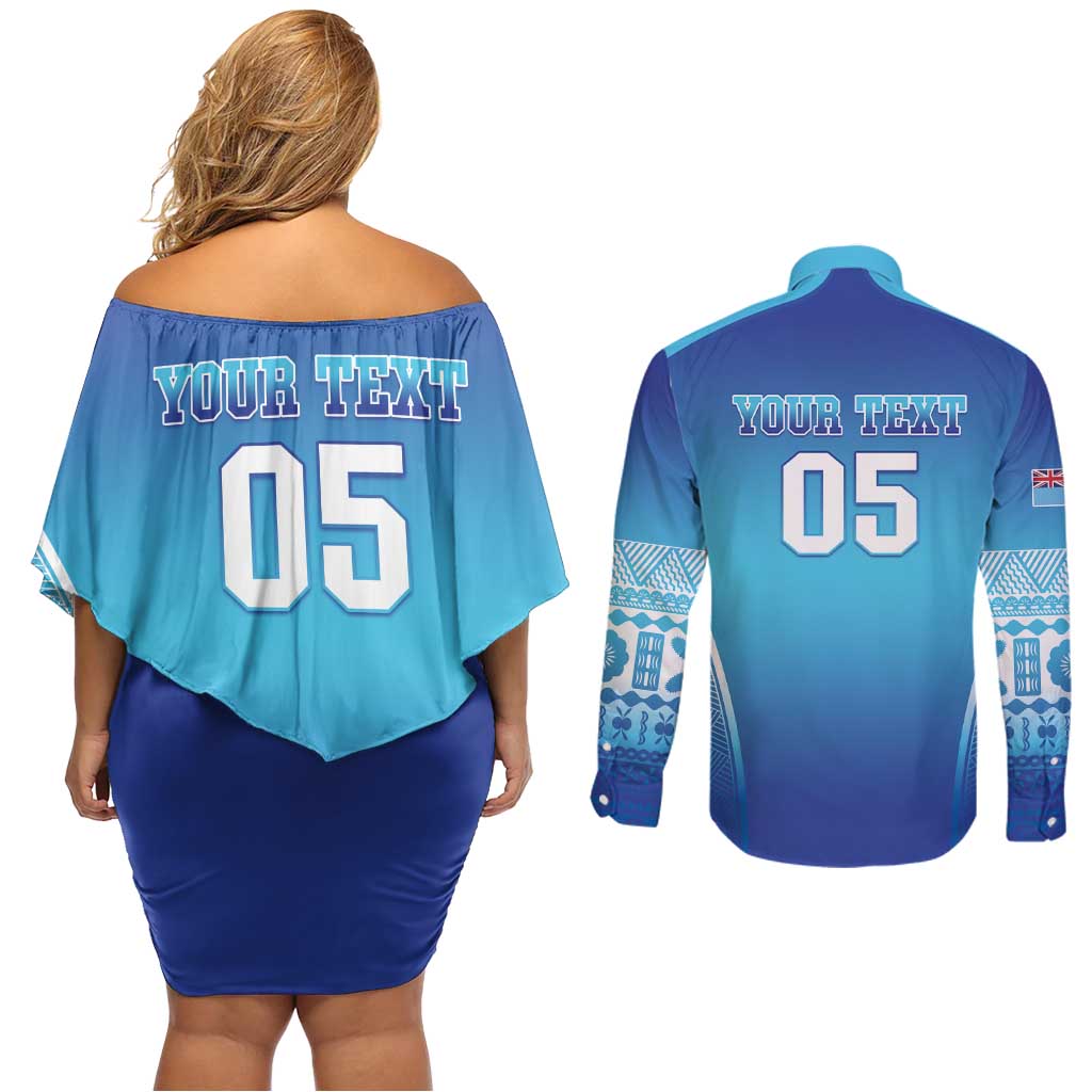 Custom Fiji Football Couples Matching Off Shoulder Short Dress and Long Sleeve Button Shirt Fijian Tapa Pattern LT05 - Polynesian Pride