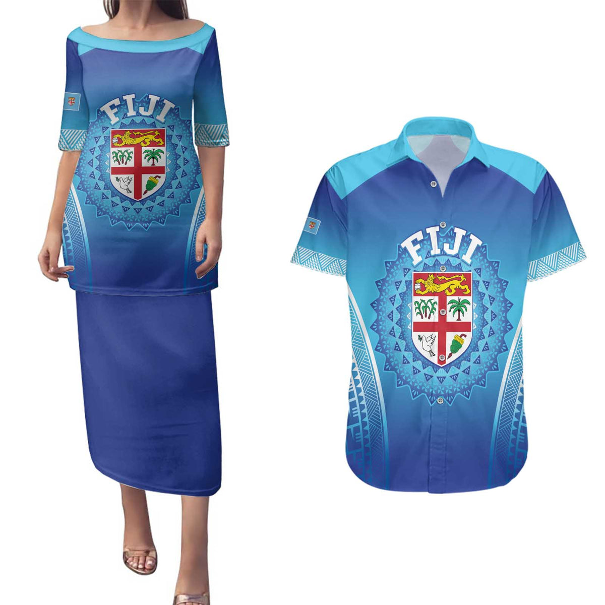 Custom Fiji Football Couples Matching Puletasi and Hawaiian Shirt Fijian Tapa Pattern LT05 Blue - Polynesian Pride