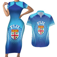 Custom Fiji Football Couples Matching Short Sleeve Bodycon Dress and Hawaiian Shirt Fijian Tapa Pattern LT05 Blue - Polynesian Pride
