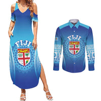 Custom Fiji Football Couples Matching Summer Maxi Dress and Long Sleeve Button Shirt Fijian Tapa Pattern LT05 Blue - Polynesian Pride