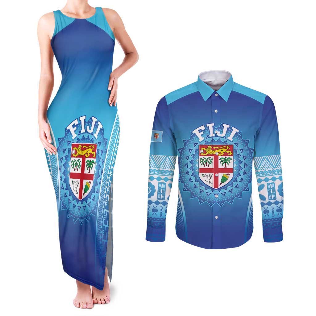 Custom Fiji Football Couples Matching Tank Maxi Dress and Long Sleeve Button Shirt Fijian Tapa Pattern LT05 Blue - Polynesian Pride