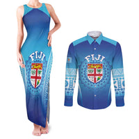 Custom Fiji Football Couples Matching Tank Maxi Dress and Long Sleeve Button Shirt Fijian Tapa Pattern LT05 Blue - Polynesian Pride