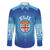 Custom Fiji Football Family Matching Long Sleeve Bodycon Dress and Hawaiian Shirt Fijian Tapa Pattern LT05 Dad's Shirt - Long Sleeve Blue - Polynesian Pride