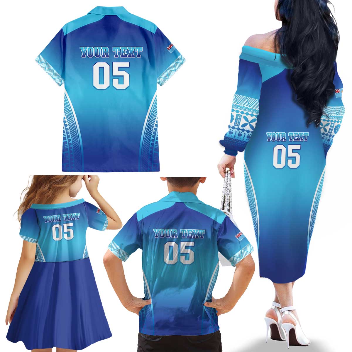 Custom Fiji Football Family Matching Off The Shoulder Long Sleeve Dress and Hawaiian Shirt Fijian Tapa Pattern LT05 - Polynesian Pride